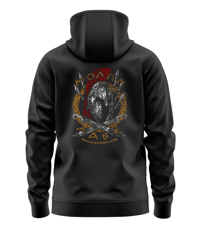 The Alex Jones Store - Black Molon Labe hoodie back view with Spartan helmet, crossed spears and Greek key border graphic from realalexjones.com