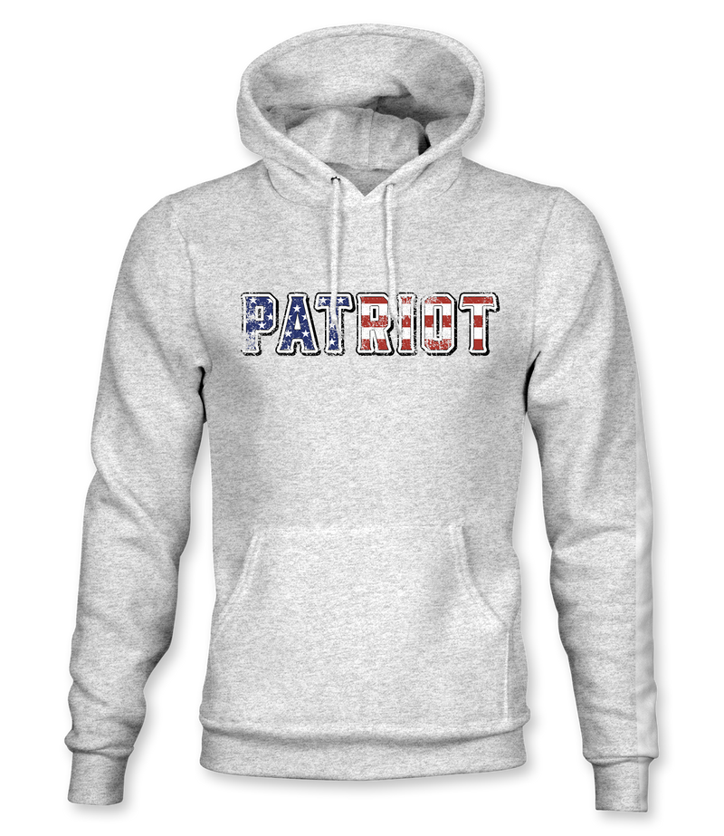 The Alex Jones Store - Heather grey Patriot Hoodie with red, white and blue American flag textured 'PATRIOT' lettering across the chest