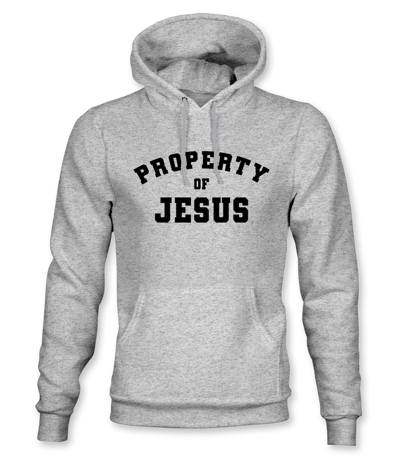 The Alex Jones Store - Heather grey Property Of Jesus pullover hoodie with large arched black collegiate-style chest text and front kangaroo pocket