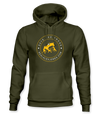 The Alex Jones Store - Olive green hoodie with yellow circular 'Save The Frogs RealAlexJones.com' frog crest logo on chest