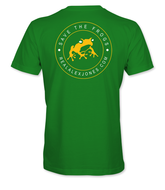 The Alex Jones Store - Green 'Save The Frogs' t-shirt, back view with yellow circular frog crest and RealAlexJones.com text