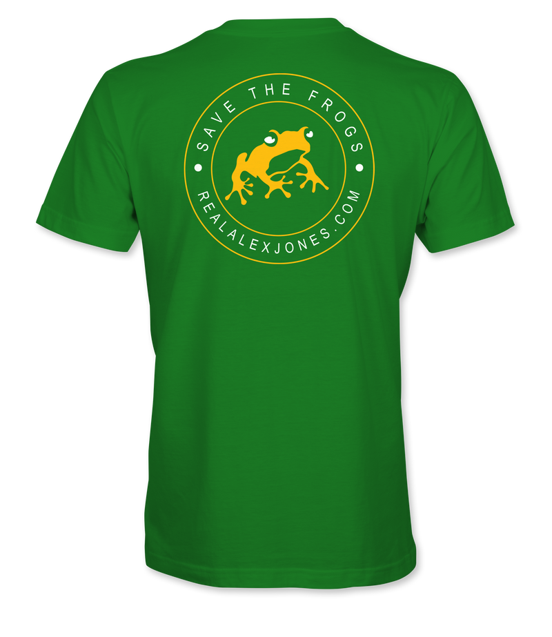 The Alex Jones Store - Green 'Save The Frogs' t-shirt, back view with yellow circular frog crest and RealAlexJones.com text