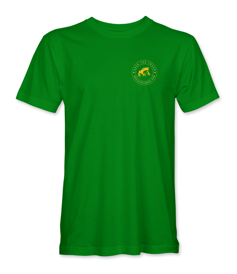 The Alex Jones Store - Green 'Save The Frogs' t-shirt, front view with small yellow frog crest logo on left chest