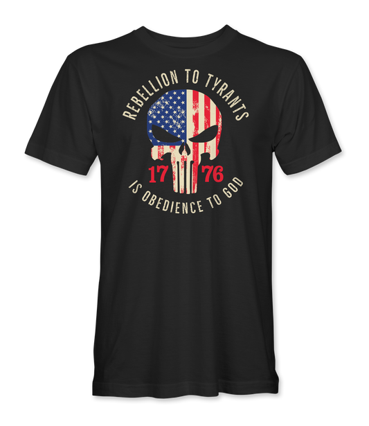 The Alex Jones Store - Black 'Rebellion To Tyrants Is Obedience To God' t-shirt with American flag punisher skull and 1776 graphic on front