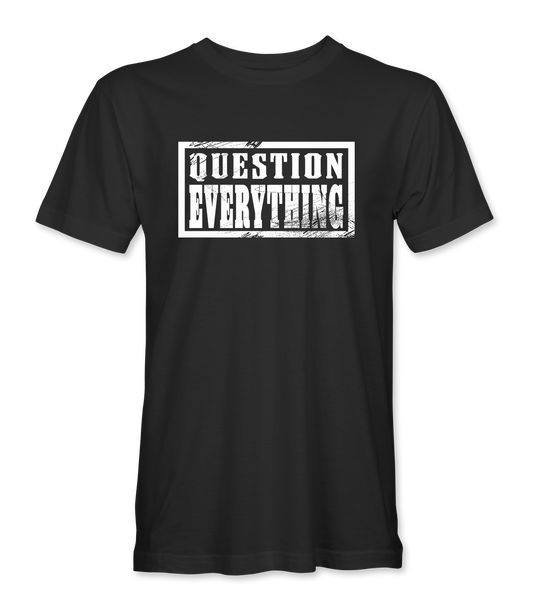 The Alex Jones Store - Black 'Question Everything' t-shirt with bold white stamp-style typography logo on front