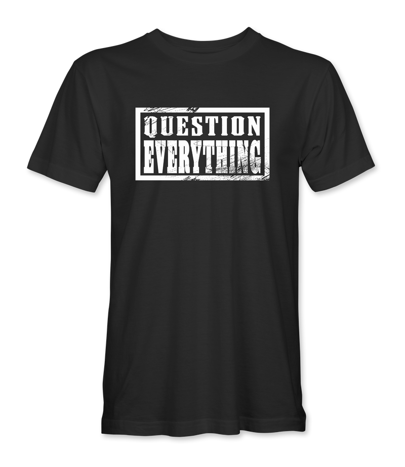 The Alex Jones Store - Black 'Question Everything' t-shirt with bold white stamp-style typography logo on front