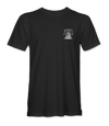 The Alex Jones Store - Front of black t-shirt with small white Liberty Bell graphic and 1776 chest print, Alex Jones Crackdown design