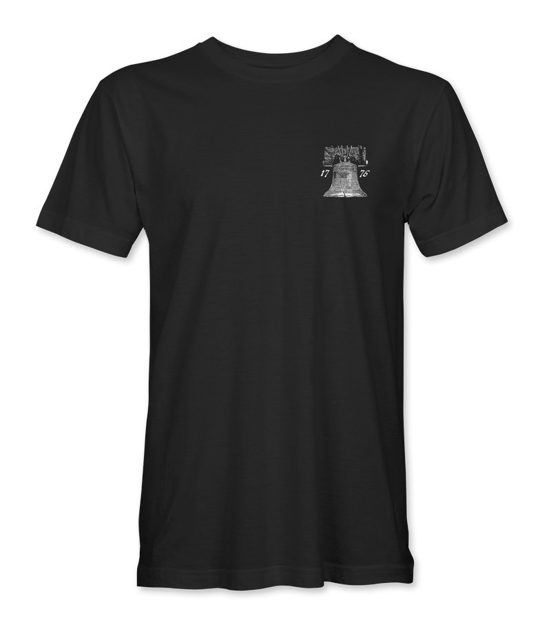 The Alex Jones Store - Front of black t-shirt with small white Liberty Bell graphic and 1776 chest print, Alex Jones Crackdown design