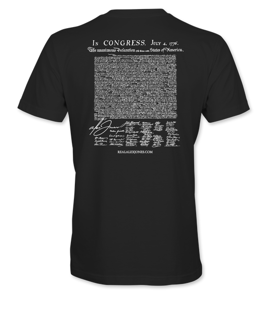 The Alex Jones Store - Back of black 'Crackdown Declaration of Alex' t-shirt with white Declaration of Independence text and AJ signature