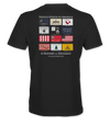 The Alex Jones Store - History Of Defiance T-Shirt — Back of black History Of Defiance tee with United States of America historic flags collage and 'A History of Defiance' text
