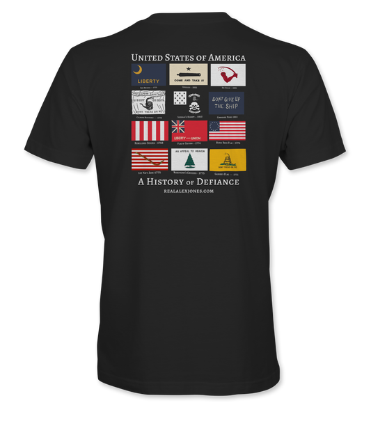 The Alex Jones Store - History Of Defiance T-Shirt — Back of black History Of Defiance tee with United States of America historic flags collage and 'A History of Defiance' text