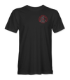 The Alex Jones Store - Front of black History Of Defiance T-Shirt with small red circular minuteman crest emblem on left chest, unisex fit