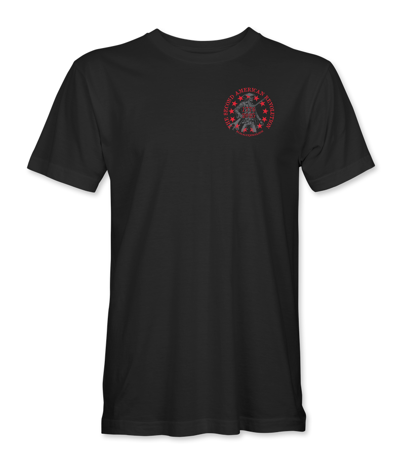 The Alex Jones Store - Front of black History Of Defiance T-Shirt with small red circular minuteman crest emblem on left chest, unisex fit