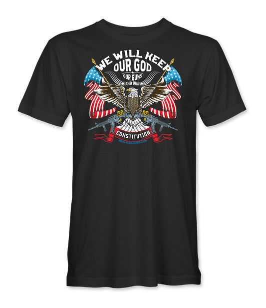 The Alex Jones Store - Black We Will Keep Our God tee with bald eagle, American flag wings, crossed rifles and Constitution banner front graphic