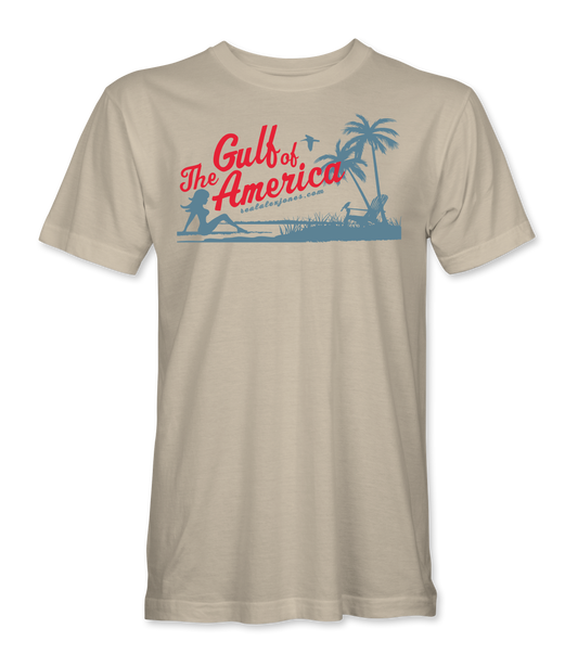 The Alex Jones Store - Sand cream tee with red 'The Gulf of America' script and blue palm tree beach silhouette graphic, unisex Gulf Of America T-Shirt