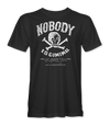The Alex Jones Store - Nobody Is Coming T-Shirt — Black Nobody Is Coming tee with vintage white skull-and-crossbones and 'Nobody Is Coming To Save You' lettering, unisex fit