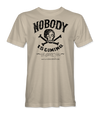The Alex Jones Store - Sand tan Nobody Is Coming To Save You T-Shirt with distressed black skull-and-crossbones illustration and vintage typography