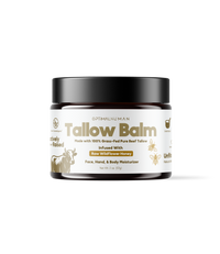 Alex Jones Naturals - Optimal Human - Grass-Fed Tallow Balm With Raw Honey (2 oz) — Front of Optimal Human Tallow Balm amber jar, face hand and body moisturizer with cow icon and bee accents