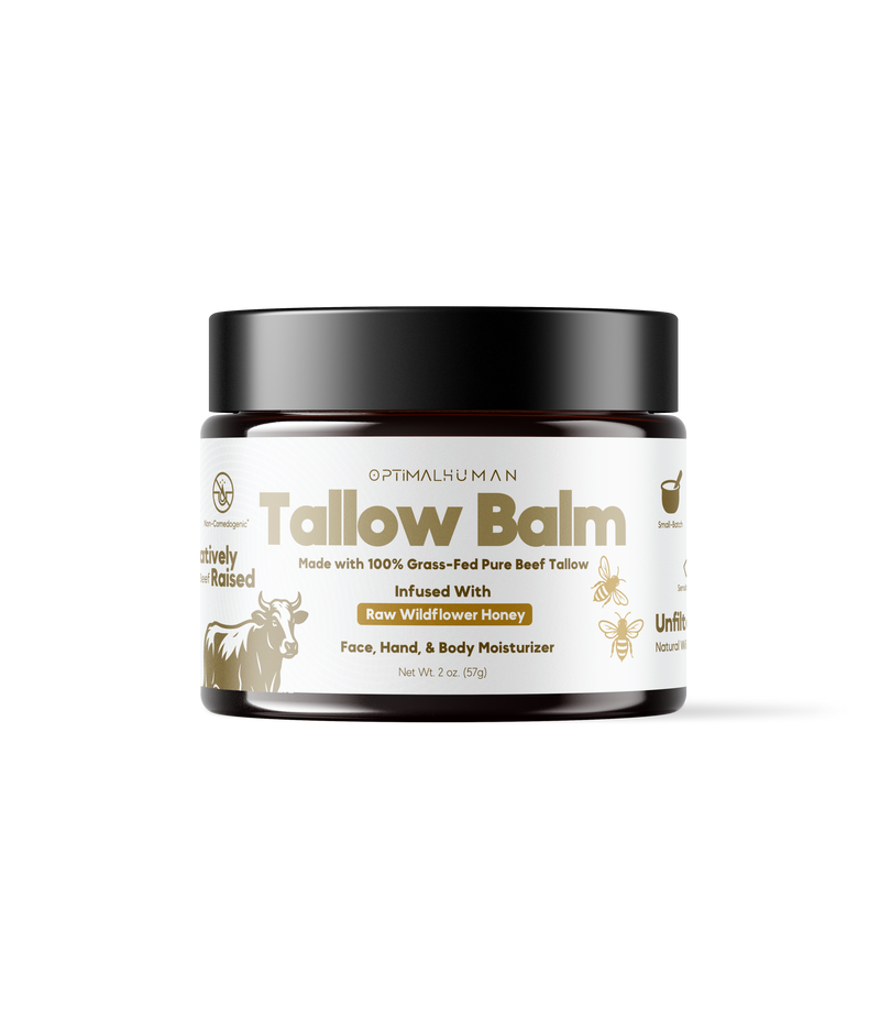 Alex Jones Naturals - Optimal Human - Grass-Fed Tallow Balm With Raw Honey (2 oz) — Front of Optimal Human Tallow Balm amber jar, face hand and body moisturizer with cow icon and bee accents