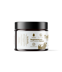 Alex Jones Naturals - Optimal Human - Grass-Fed Tallow Balm With Raw Honey (2 oz) — Optimal Human Tallow Balm jar showing regeneratively raised sprout-finished beef key benefits panel