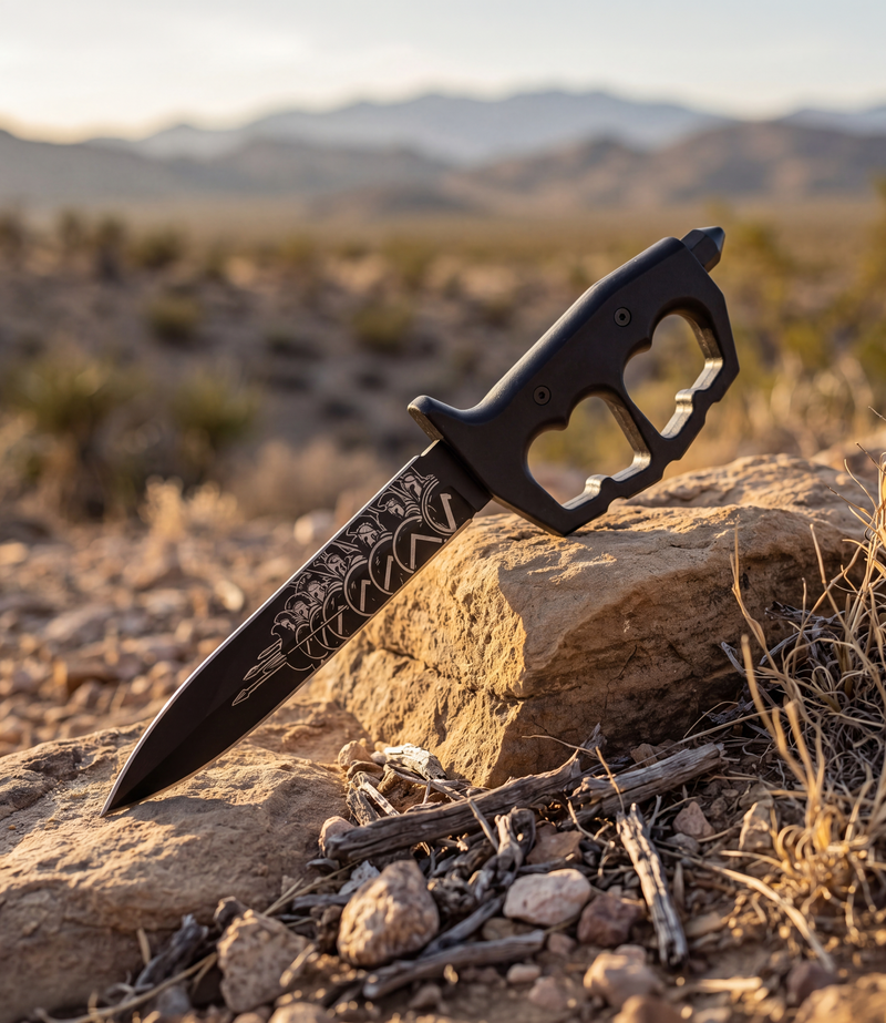 The Alex Jones Store - Molon Labe Trench War Dagger propped on desert rock at sunset showing knuckle-guard handle and etched Spartan helmet blade