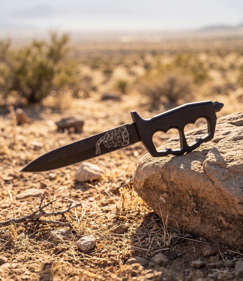The Alex Jones Store - Don't Tread On Me Trench War Dagger with black knuckle handle and Gadsden snake etched blade resting on desert rock