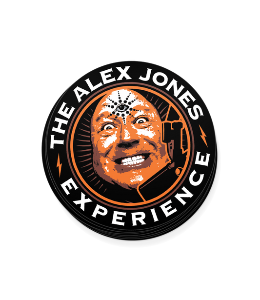 The Alex Jones Store - Round black and orange vinyl decal of Alex Jones with third eye, headset, reading 'The Alex Jones Experience'