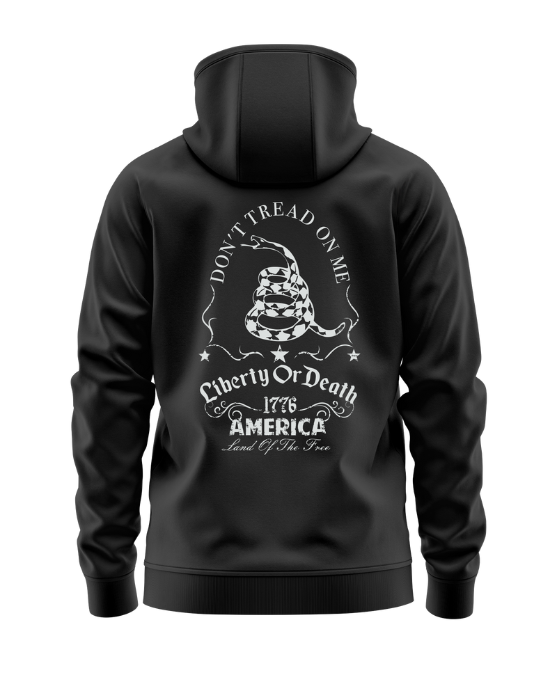 The Alex Jones Store - Black hoodie back view with white 'Don't Tread On Me Liberty Or Death 1776 America' coiled snake graphic