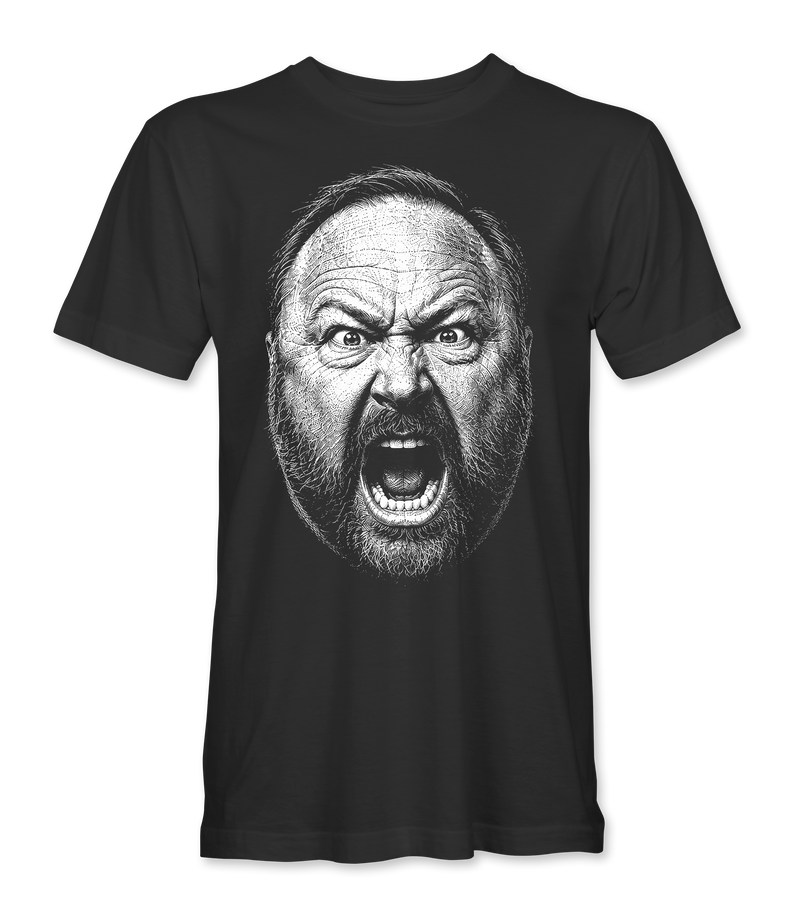 The Alex Jones Store - Front of black Alex Jones Battle Cry t-shirt with large hand-drawn stipple portrait of Alex Jones mid-shout