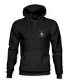 The Alex Jones Store - Don't Tread On Me Hoodie — Black pullover hoodie front view with small white Gadsden snake circle logo on left chest, kangaroo pocket