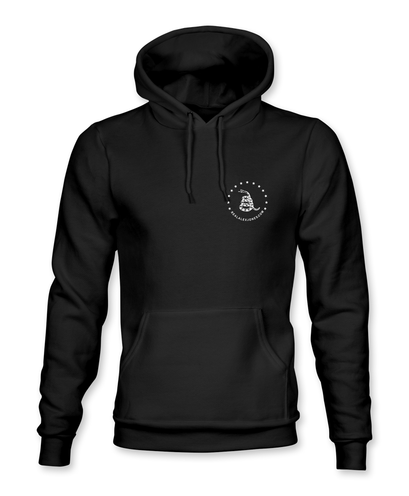The Alex Jones Store - Don't Tread On Me Hoodie — Black pullover hoodie front view with small white Gadsden snake circle logo on left chest, kangaroo pocket