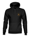The Alex Jones Store - Black Molon Labe hoodie front view with small gold Gadsden rattlesnake circle crest on left chest, hood up