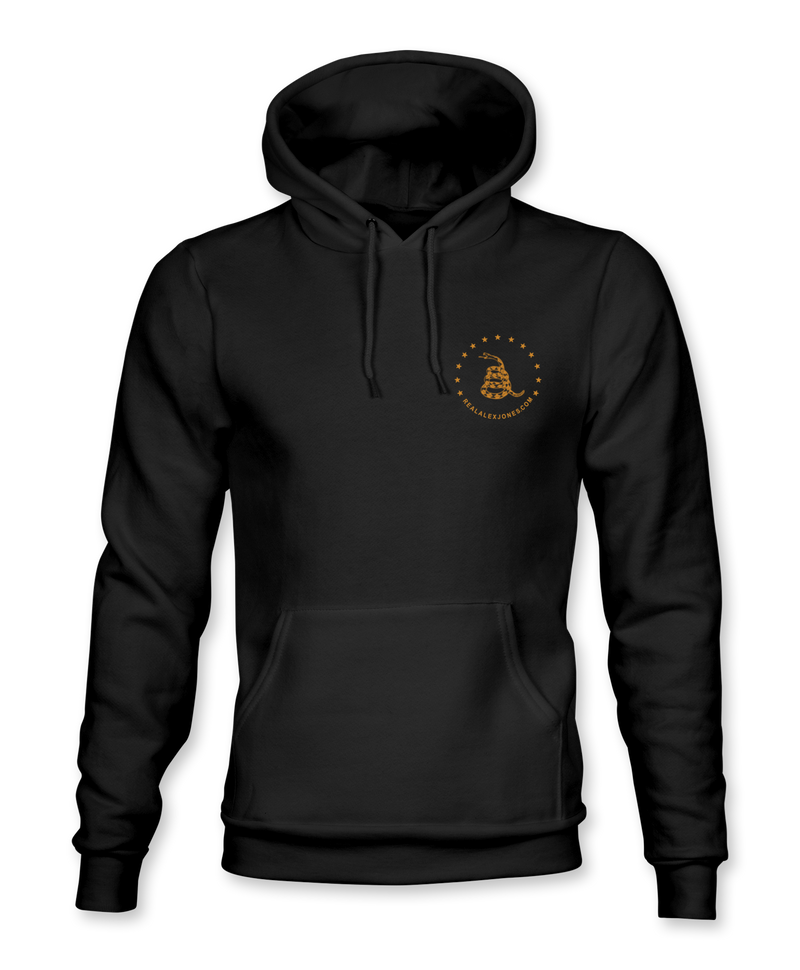 The Alex Jones Store - Black Molon Labe hoodie front view with small gold Gadsden rattlesnake circle crest on left chest, hood up
