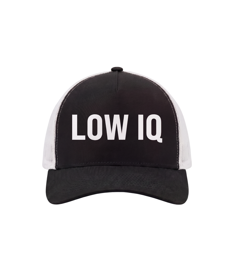 The Alex Jones Store - Black and white 'Low IQ' Limited Edition trucker hat with bold white text on black front panel and white mesh back