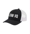 The Alex Jones Store - Side view of black and white 'Low IQ' Limited Edition trucker hat showing curved visor, structured front and mesh sides