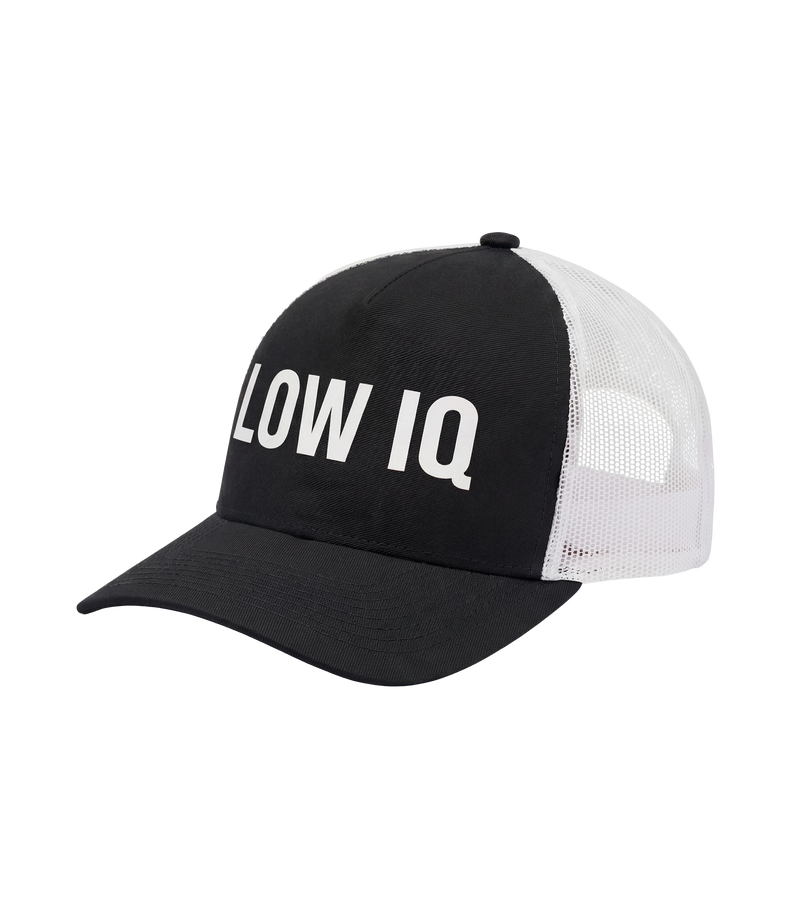 The Alex Jones Store - Side view of black and white 'Low IQ' Limited Edition trucker hat showing curved visor, structured front and mesh sides