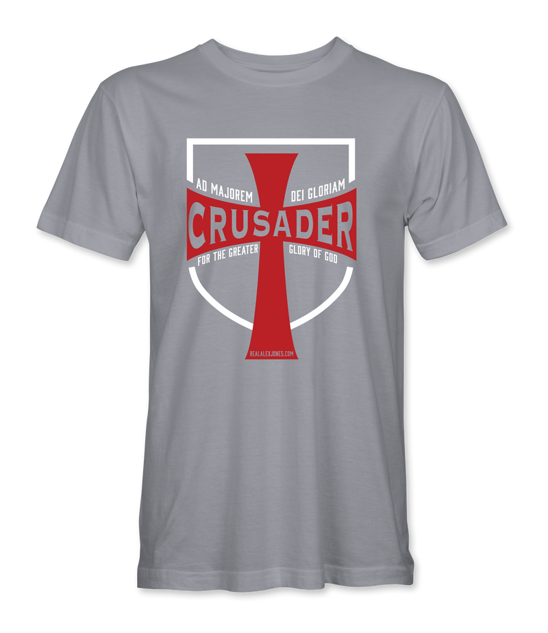 The Alex Jones Store - Light gray Crusader For The Glory Of God t-shirt with bold red cross and shield emblem on front chest