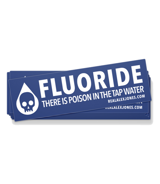 The Alex Jones Store - Blue rectangular bumper sticker reading 'Fluoride: There Is Poison In The Tap Water' with white skull droplet icon