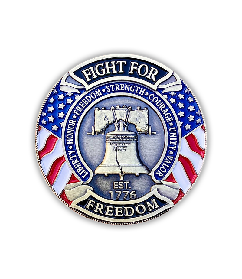 The Alex Jones Store - Front side of Hold The Line challenge coin with 'Fight For Freedom Est. 1776' Liberty Bell American flag design