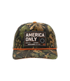 The Alex Jones Store - Front of forest camo America Only hat with blacked-out patch, blaze orange rope and orange button