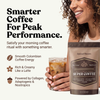 Alex Jones Naturals - Optimal Human Adaptogenic Mushroom Super Coffee — Lifestyle image of woman holding Optimal Human Super Coffee pouch and iced latte, 'Smarter Coffee For Peak Performance'
