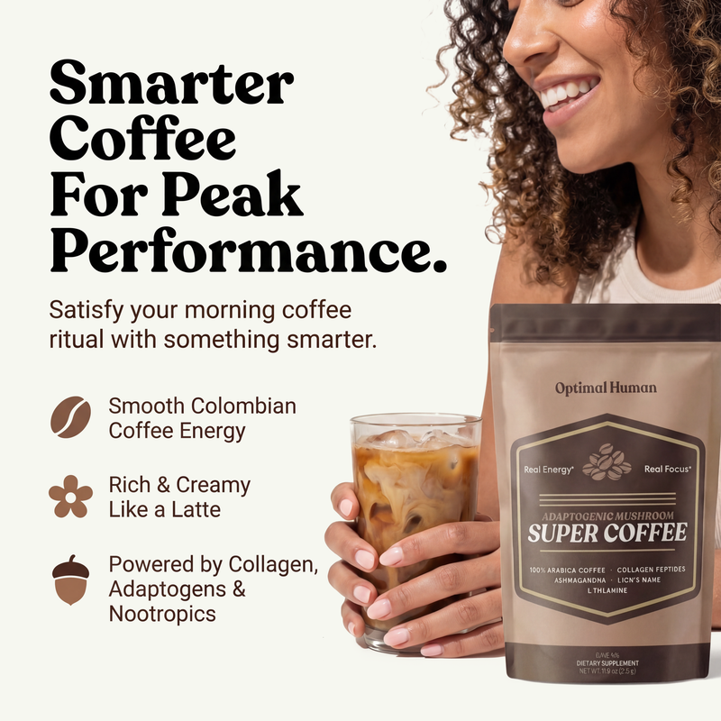 Alex Jones Naturals - Optimal Human Adaptogenic Mushroom Super Coffee — Lifestyle image of woman holding Optimal Human Super Coffee pouch and iced latte, 'Smarter Coffee For Peak Performance'