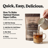 Alex Jones Naturals - Optimal Human Adaptogenic Mushroom Super Coffee — How-to graphic showing Optimal Human Super Coffee preparation steps with pouch and iced latte being poured into mug