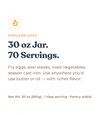 Alex Jones Naturals - Pure Grass-Fed Beef Tallow — Beef Tallow infographic showing 30 oz jar, 70 servings, endless uses for frying eggs, searing steaks, cast iron