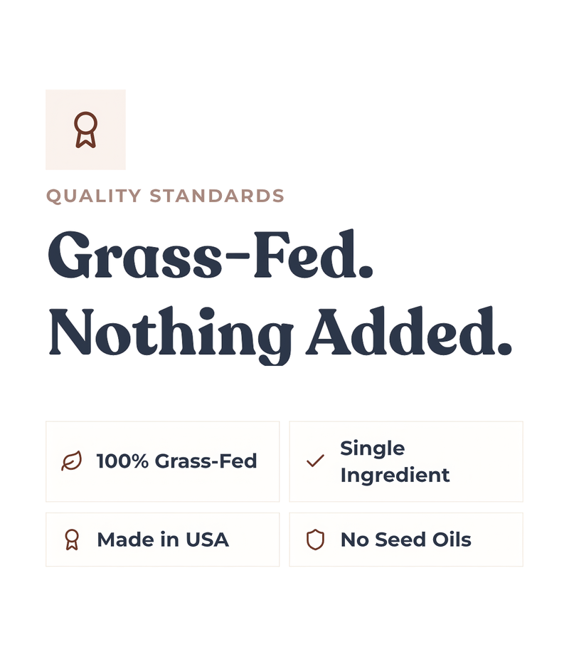 Alex Jones Naturals - Beef Tallow quality standards graphic showing 100% grass-fed, single ingredient, made in USA, no seed oils badges
