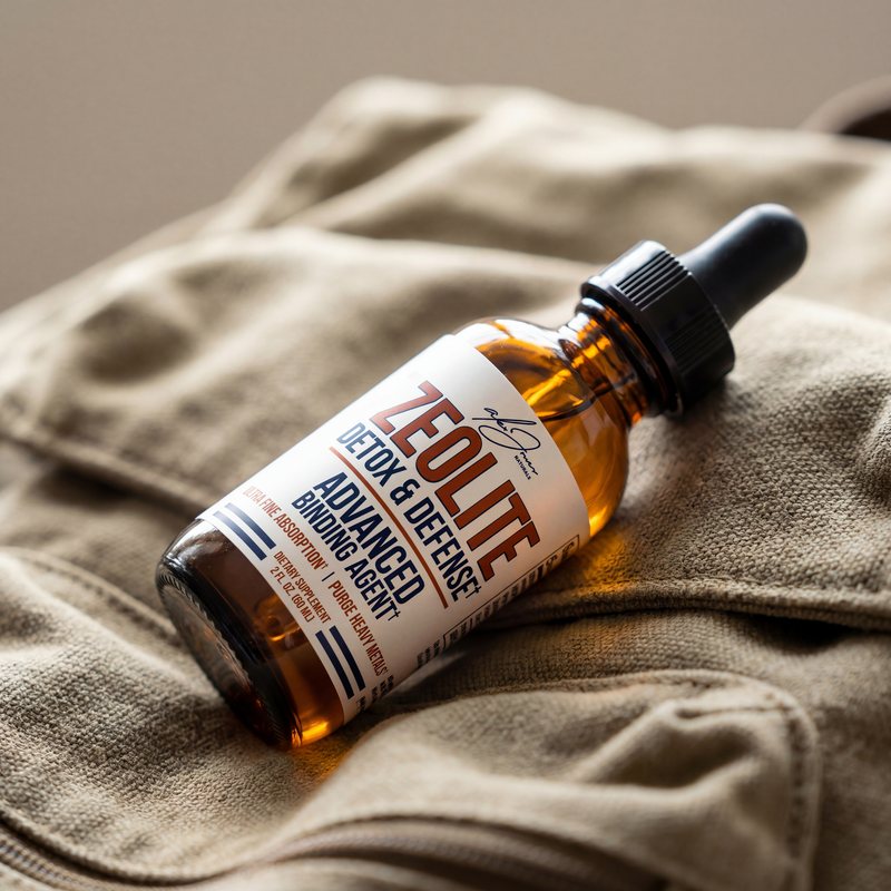 Alex Jones Naturals - Amber glass dropper bottle of Zeolite Detox & Defense Advanced Binding Agent resting on canvas fabric, 2 fl oz liquid supplement