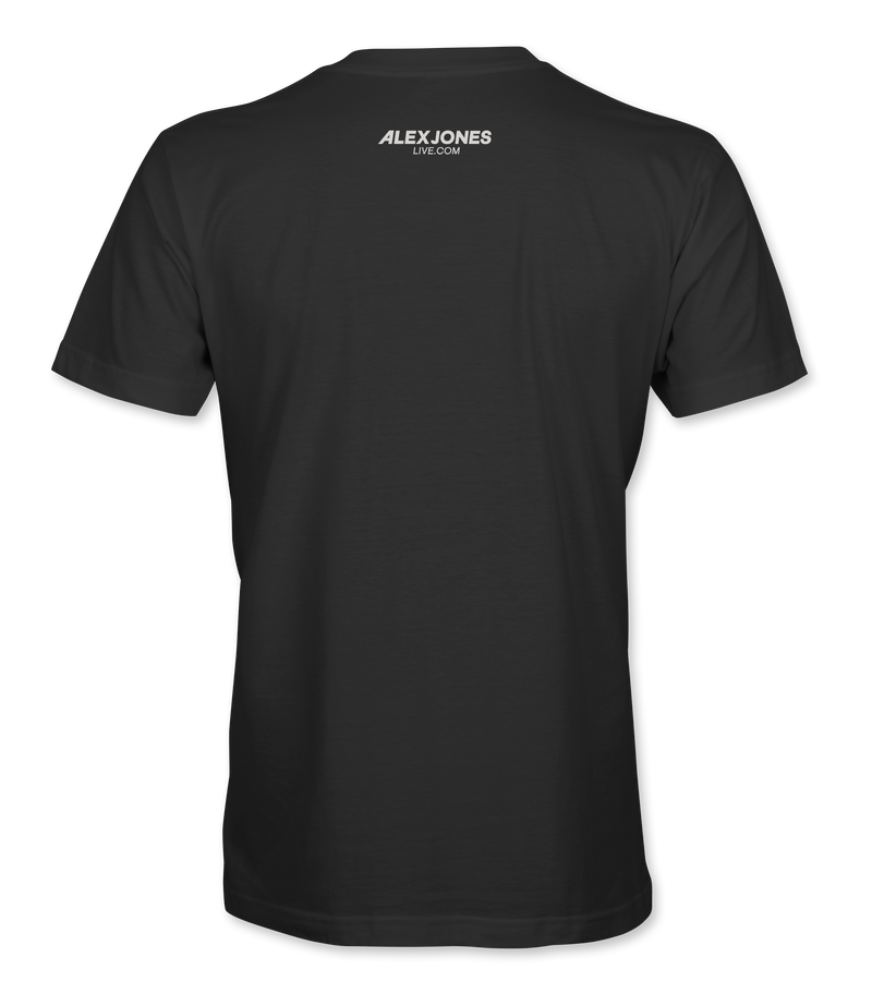 The Alex Jones Store - Back of black 9/11 Was An Inside Job t-shirt with Alex Jones Live logo