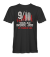 The Alex Jones Store - Front of black 9/11 Was An Inside Job t-shirt with distressed Twin Towers skyline and 25 Years Of Lies in red