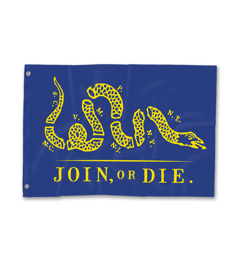 The Alex Jones Store - Blue and yellow 'Join, Or Die' 3x5 flag featuring Benjamin Franklin's segmented snake with colonial state initials