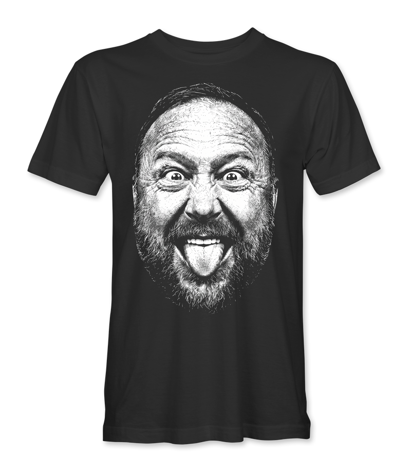 The Alex Jones Store - Front of black Alex Jones Big Face t-shirt with large hand-drawn stipple portrait of Alex Jones